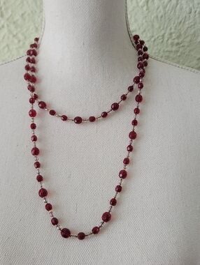 Vtg Art Deco Czech Glass Long Necklace 50" Faceted Burgundy Clear Light Orange